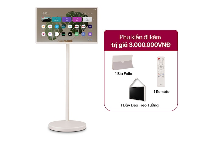 Front view of LG StanbyME 2 on the stand.